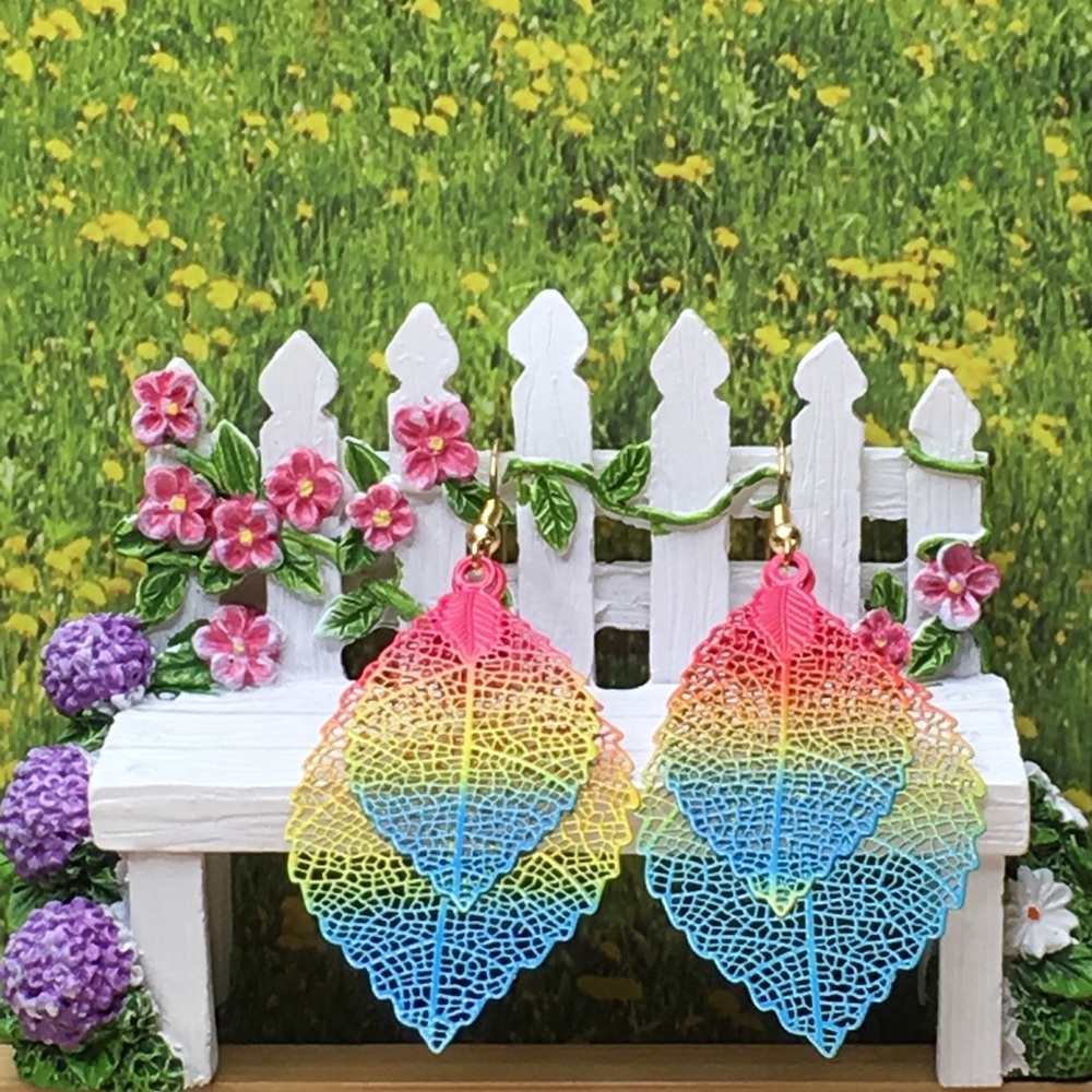 Double Rainbow Leaf Earrings  PRICE IS FIRM - Picture 3 of 8